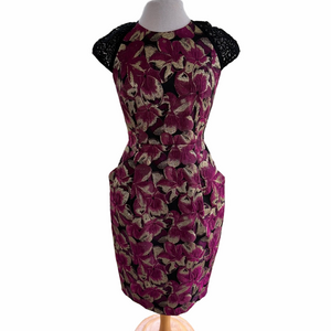 CARMEN MARC VALVO Maroon Black Gold Size 8 Sheath Dress Floral Jacquard EUC